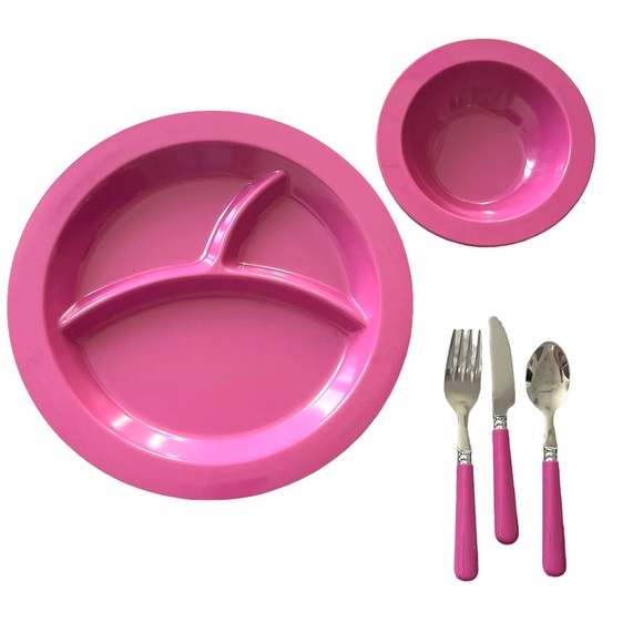 Pottery Barn Kids Hot Pink Melamine Plate - Bowl - 3pc Flatware Set - Picture 1 of 6
